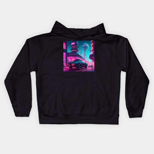 Retro futuristic city aesthetic Kids Hoodie by Spaceboyishere